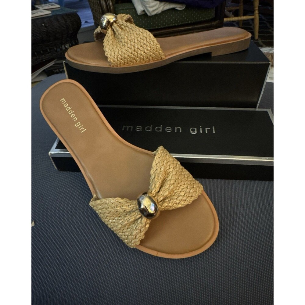 Madden Girl-Sunset Slide Sandals-Women's 8 Natural raffia Slip On Beach Preppy